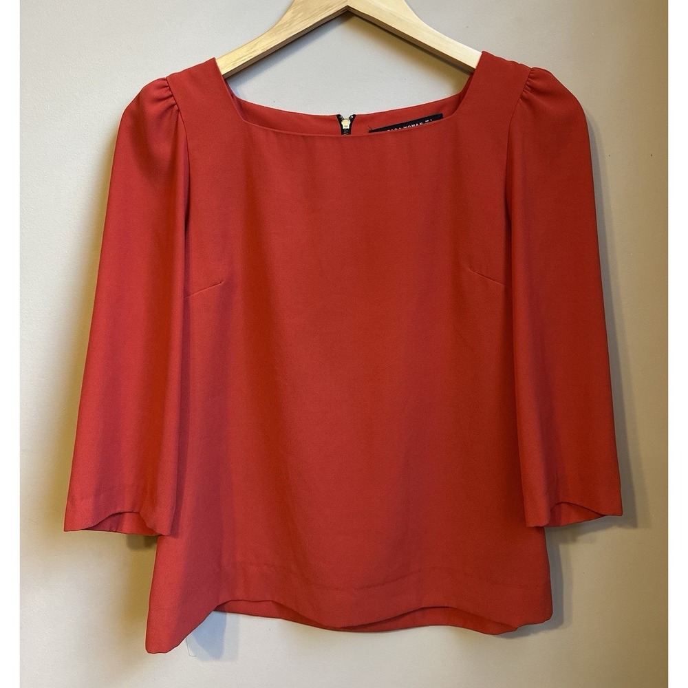 ZARA Women's Blouse - Coral Red - Size Small- Back Zip Closure-Square Neckline
